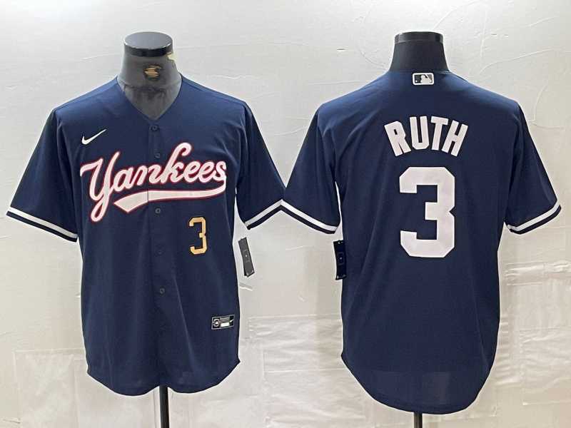Men%27s New York Yankees #3 Babe Ruth Number Navy Cool Base Stitched Baseball Jersey